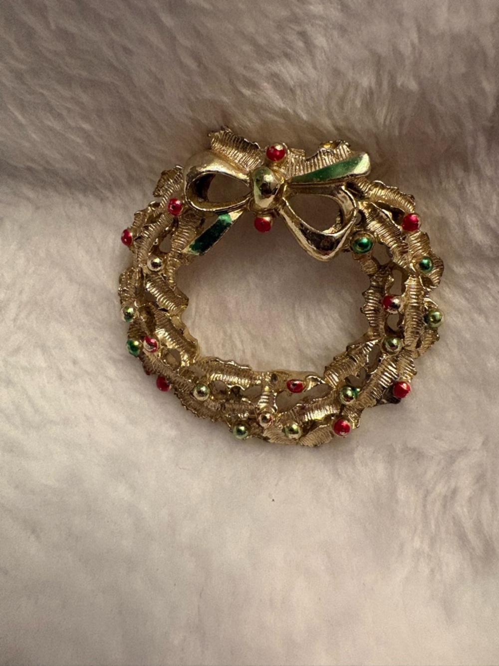 Gold-tone Christmas Wreath Brooch with Red & Green Accents